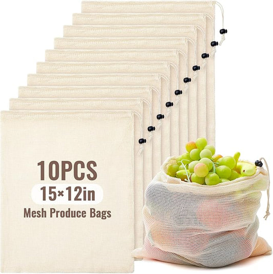 10 Pcs 15 x 12 in Reusable Produce Bags Grocery Washable, Cotton Mesh Produce Bags Plastic Free, Drawstring Closure, Double-stitched Organic Cotton Mesh Grocery Bag for Vegetables Fruit Onions