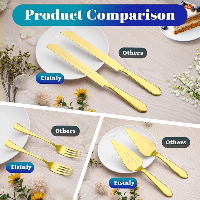 Eisinly Cake Cutting Set for Wedding, Elegant Cake Knife and Server Set with Stainless Steel Forks, Cake Cutter and Pie Spatula for Couples Wedding Registry, Engagements, Anniversary, 4 Pcs, Gold