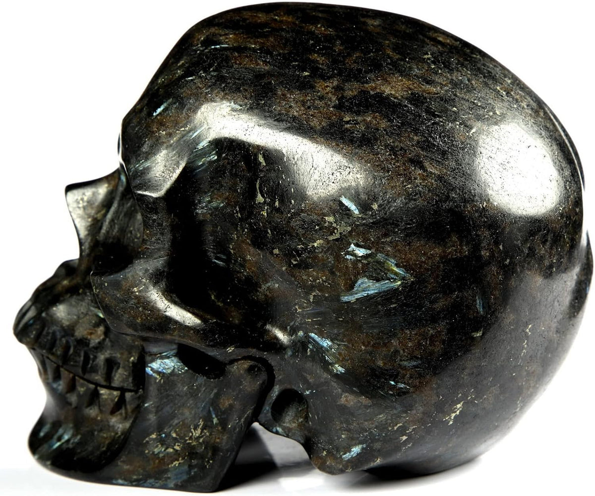 Skullis 5.0" Russian Arfvedsonite Hand Carved Crystal Skull, Super Realistic, Crystal Healing, Hand Carved Gemstone Fine Art Sculpture, Reiki Healing Stone Statue. z8