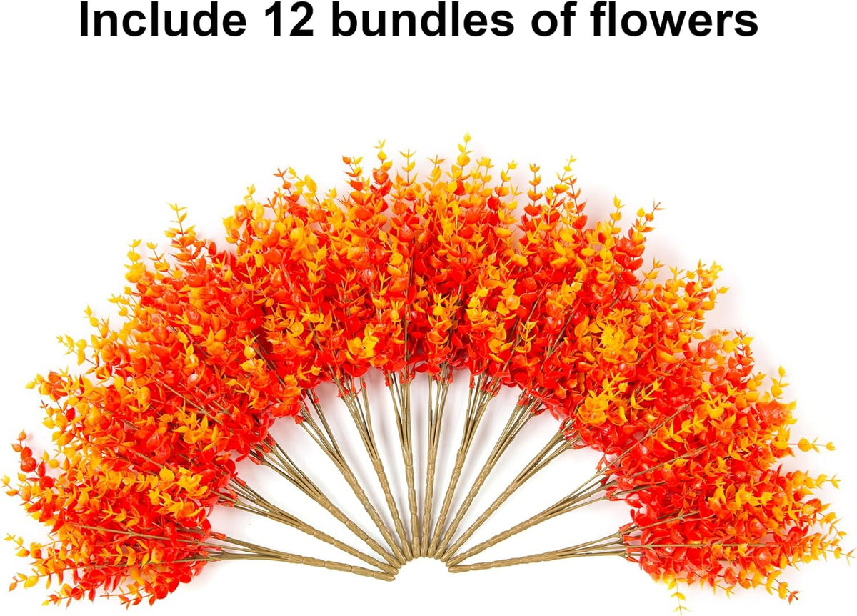 Artificial Fall Flowers Faux Mums for Outdoor Indoor Garden Home Decoration, Faux Flower Daisy with Eucalyptus Leaves Fake Plants Greenery Boxwood Porch Patio, 12 Bundles (Orange Eucalyptus)