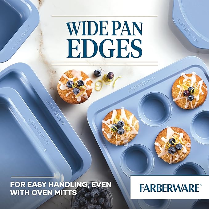 Farberware Easy Solutions Nonstick Baking Set, Includes Cookie Pans, Loaf Pan, and Cake Pan with Portion Marks, 4 Piece, Non Stick Bakeware Set - Blue