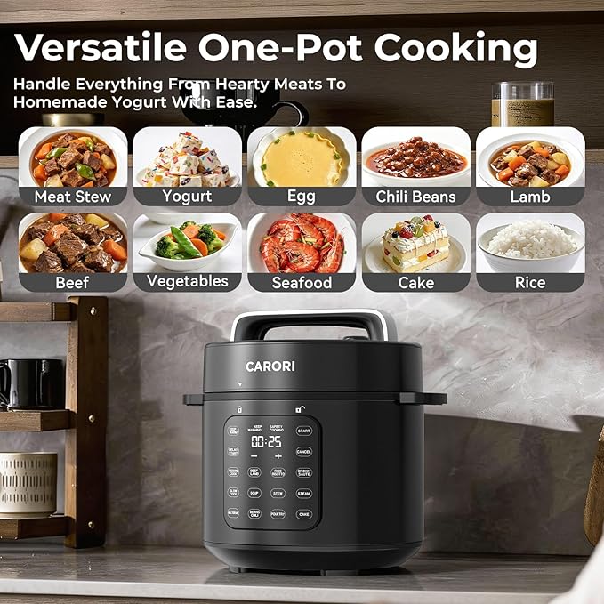 Carori Dual Pot Electric Pressure Cooker, 9-in-1 Multi-Cooker 6 Qt with 2 Inner Pots (Stainless Steel & Nonstick), 12 Programs, Slow Cook, Rice Cook, Steamer, Black
