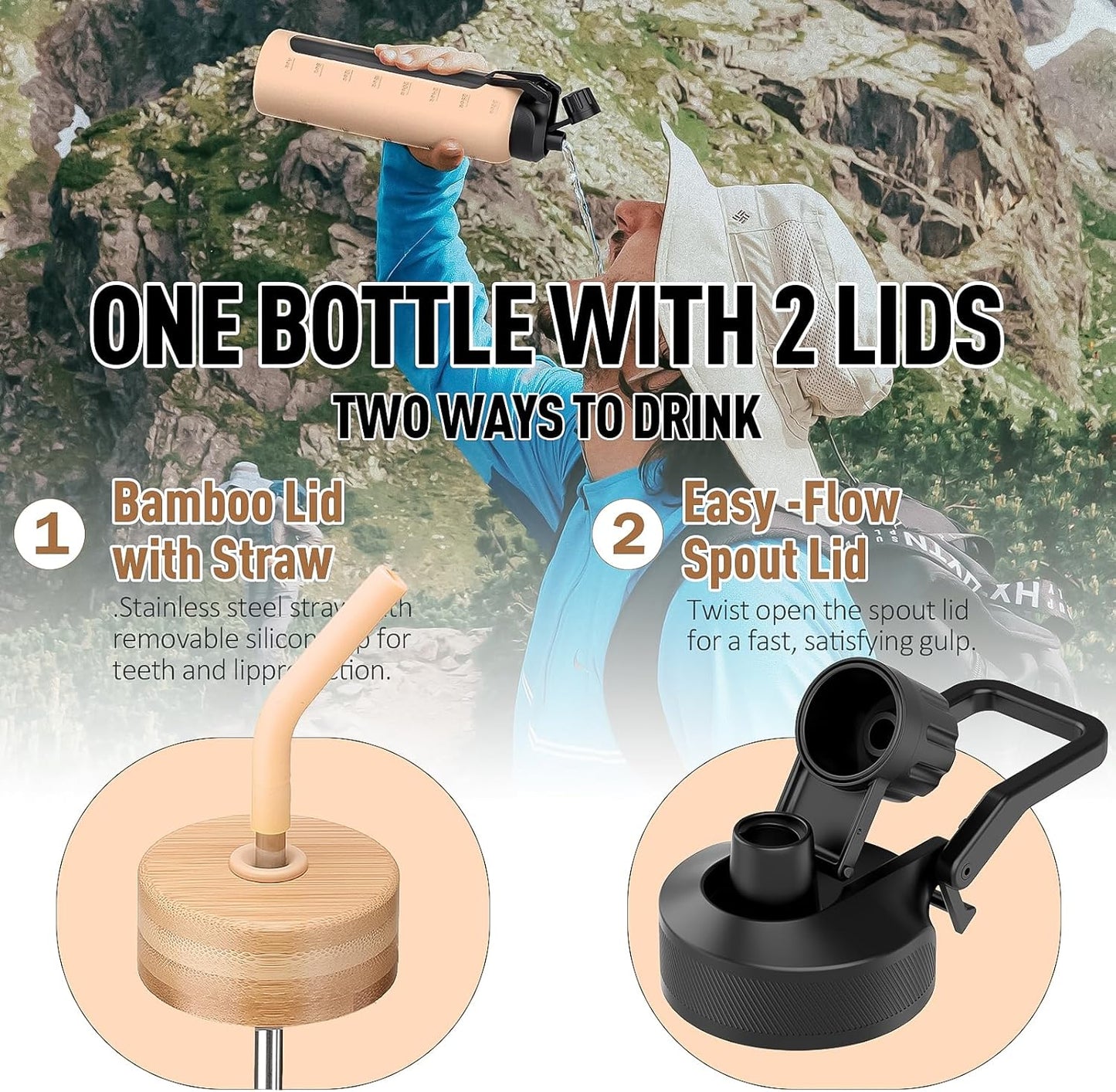 Glass Water Bottle with Straw, 24oz Glass Drinking Bottle with 2 Lids-Bamboo and Spout Lid with Phone Holder Handle for Gym Sports,with Silicone Sleeve and Time Marker,Amber