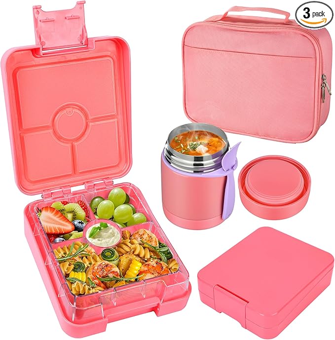 Pawtong Bento Lunch Box Set With 10oz Soup Thermo, Leak-proof Lunch Containers with 4 Compartment, Kids Hot Thermo Food Jar/Insulation Lunch Bag, Food Containers for School（Solid）