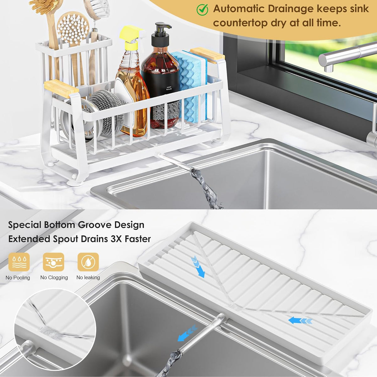 Doasuwish Kitchen Sink Caddy with High Brush Holder,Self-Draining kitchen Countertop Organizer,Rustproof 304 Stainless Steel,Non-Slip Stability High Storage Sponge Holder for Kitchen Sink White