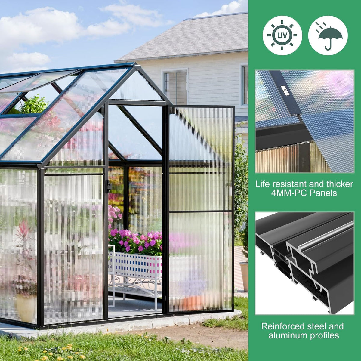 Polycarbonate Greenhouse, 8.2x6.2 FT Easy Assembly Aluminum Heavy Duty Greenhouses for Outdoors w/ Window, Swing Door, Walk-in Green House for Sunroom,Outside, Backyard, Garden, Black