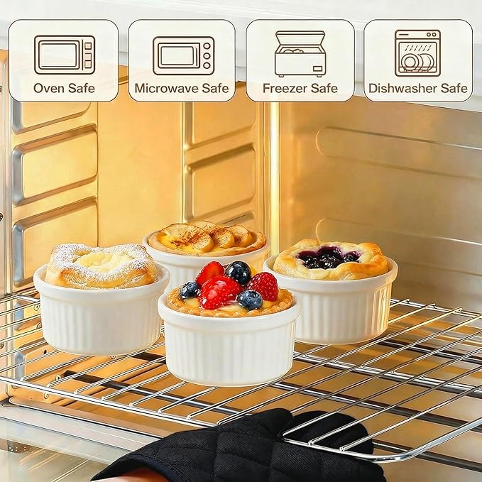 Ramekins 16 oz Oven Safe, Creme Brulee Ramekins with Lids, White Ceramic Souffle Dishes Ramekin, Mini Baking Bowls with Cover Set of 4, Ramekin Assorted Sizes - Dishwasher and Oven Safe