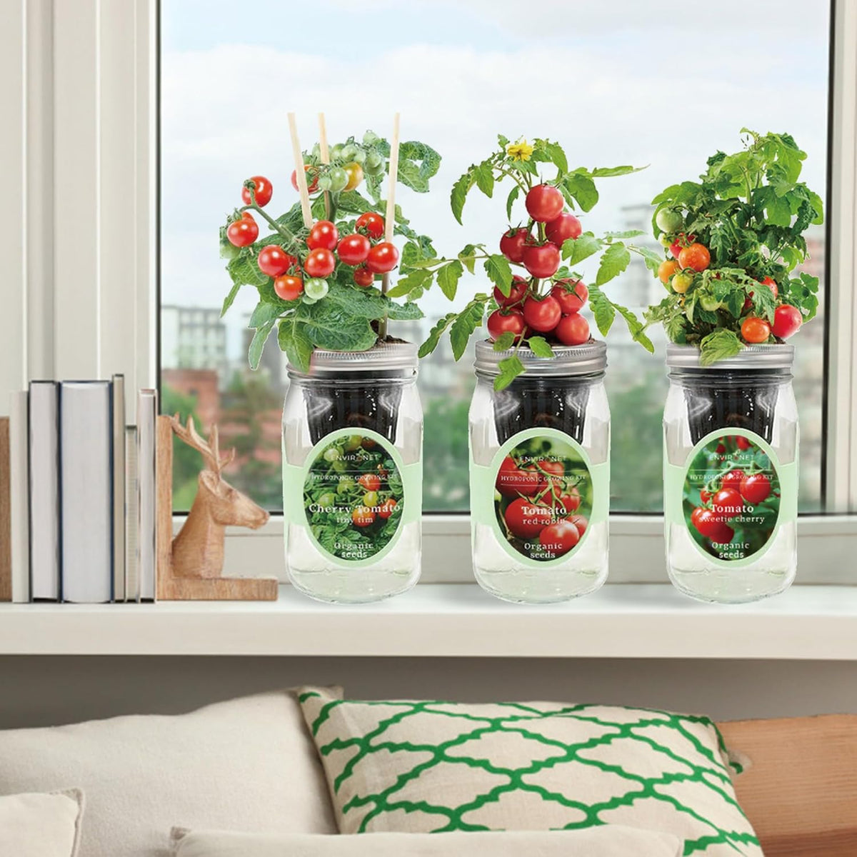 Hydroponic Mason Jar Indoor Garden Organic Seed Starter Kits - Tomato Trio Garden Growing Kits, Gardening Gift (Red Robin Tomato, Cherry Tomato - Tiny Tim, Sweetie Cherry Tomato)