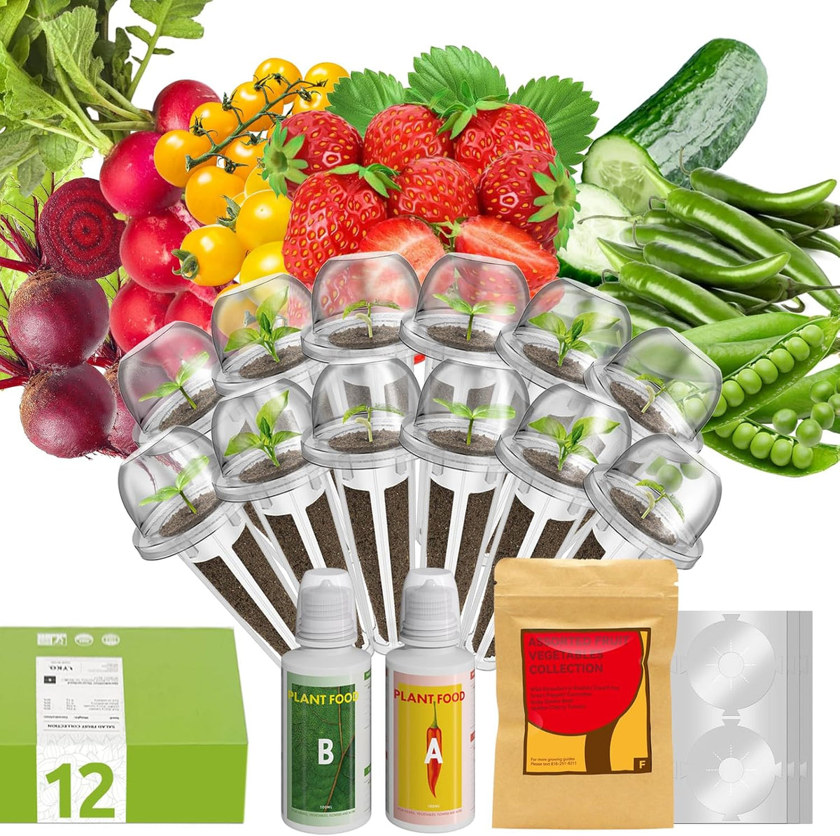 inbloom 12-Pod Fruit Seed Pod Kit for AeroGarden, iDOO, Ahopegarden Hydroponic Growing System, Included Strawberry, Cucumber, Green Pepper, Golden Tomato, Radish, Dwarf Pea, Beet, 400+ Seeds