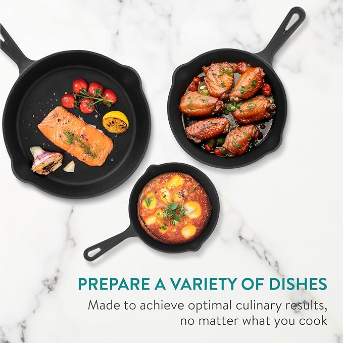 Navaris Cast Iron Skillet - 6/8/10 inch(15/20/25cm) Pre-Seasoned Frying Pan, Pour Spouts, for Oven, Stovetop, Grill & Campfire, Non-Toxic, Heavy-Duty, Even-Heating Cookware