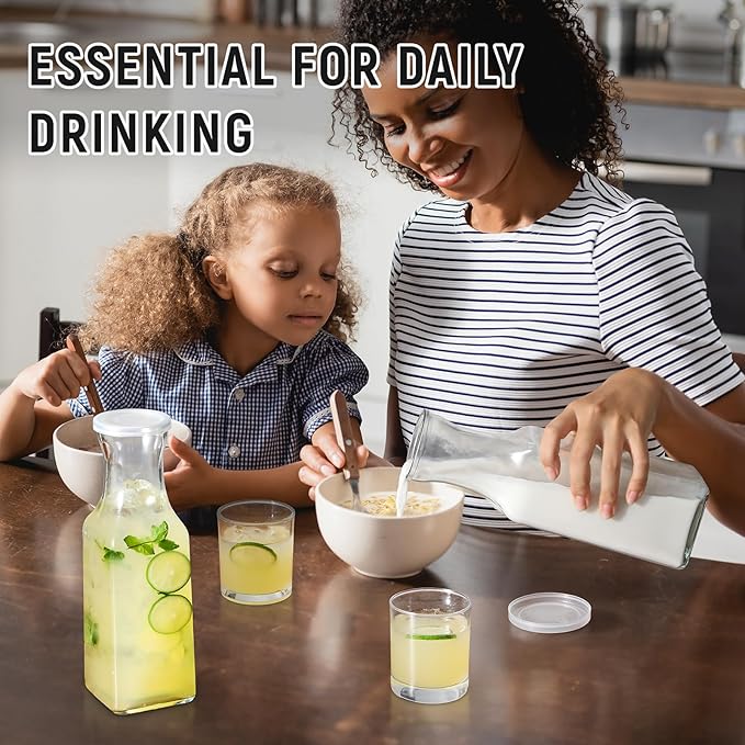 Set of 4 Square Glass Carafe with Lid, 1 Liter Clear Glass Pitcher, Beverage Serveware Carafe for Mimosa Bar, Brunch, Cold Water, Juice, Milk, Iced Tea, Lemonade
