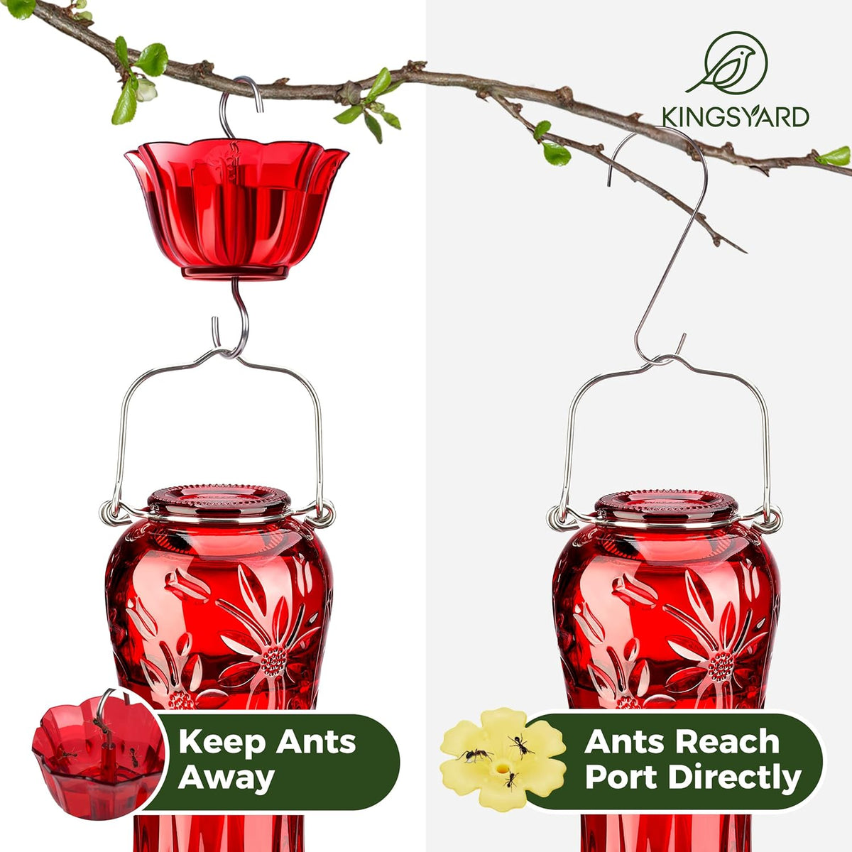 Kingsyard Glass Hummingbird Feeders for Outdoors Hanging, Hummingbird Nectar Feeder with Ant Moat & 6 Bee Guard Feeding Ports, 25 Ounces Leak Proof (Red)
