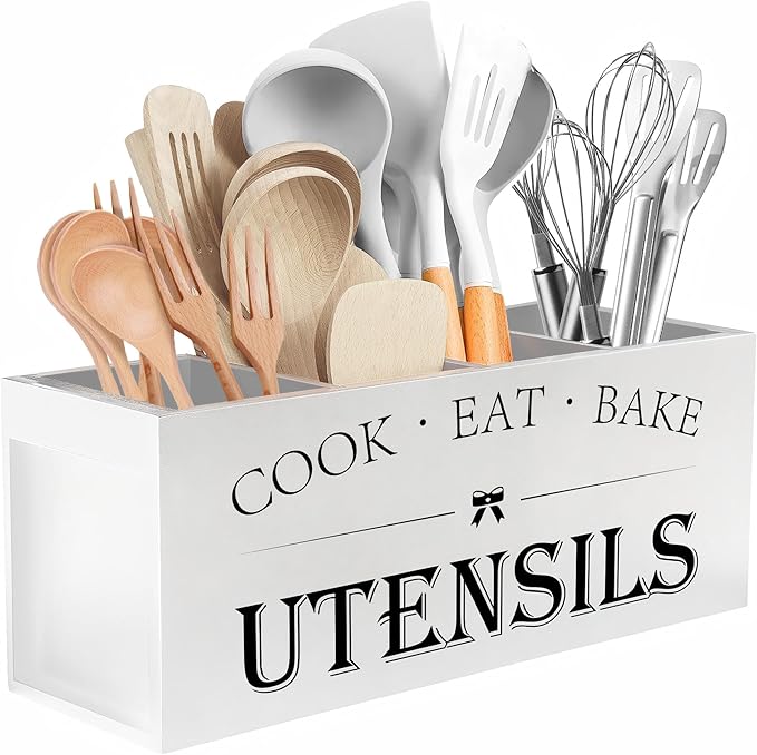 Suli Extra Large Kitchen Utensils Holder with 4 Compartments, Wooden Utensil Organizer for Countertop, Farmhouse Kitchen Decor, Rustic Cooking Utensil - White