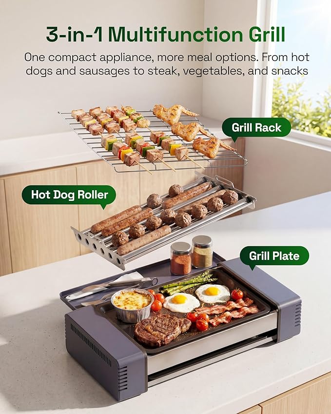 HBN Indoor Grill and Electric Griddle, 3-in-1 Smokeless Indoor Grill with Grill Rack & Nonstick Griddle & Sausage Grill Korean BBQ grill for Kitchen, Dishwasher Safe, 400F