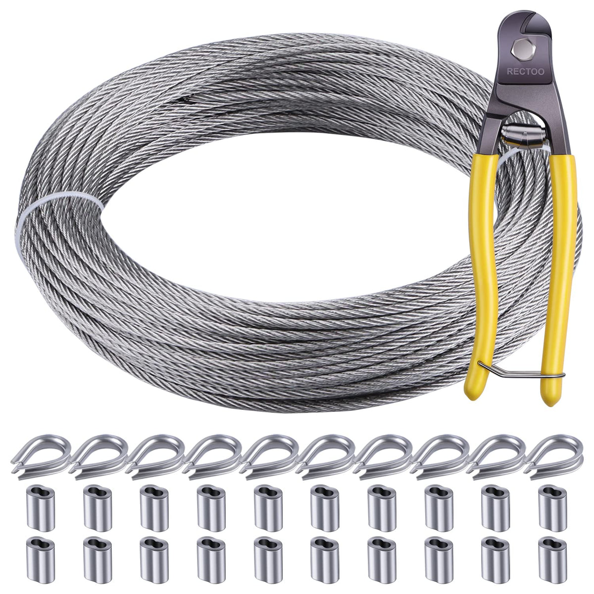 1/8" wire cable, 100ft Wire Rope Metal Cable With Loop Sleeve And Steel Thimble, Outdoor hanging kit, garden fence (SR03-1)