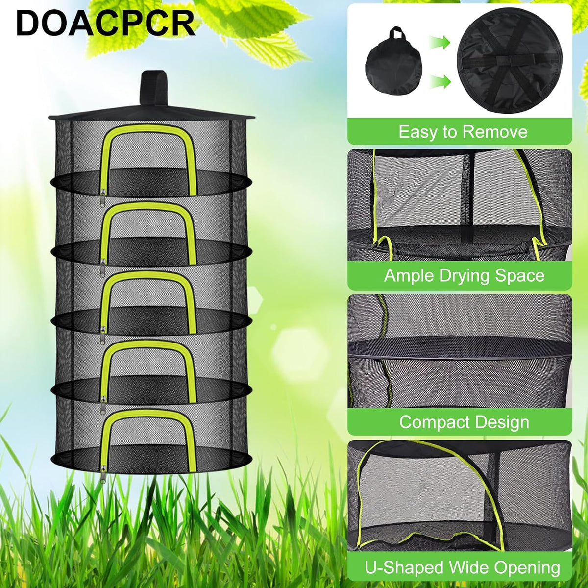 5 Layer Herb Drying Rack, Herb Drying Rack Hanging Mesh, Foldable Bud Drying Net with U-Shaped Zipper, Hooks, for Drying Herbs Plants, Flowers, Fruits, Food, Camping (5 Layers-23.62'')