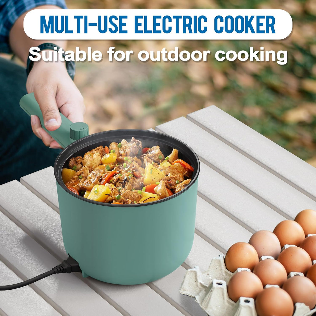 Topwit Hot Pot Electric, 1.5L Ramen Cooker, Portable Non-Stick Frying Pan, Electric Pot for Pasta, Steak, BPA Free, Electric Cooker with Dual Power Control, Over-Heating & Boil Dry Protection, Green