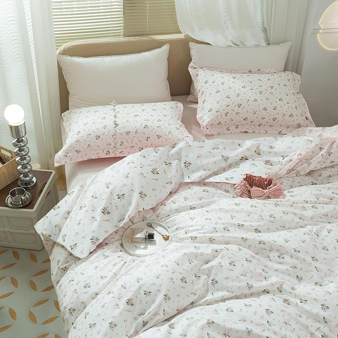 Pink Floral Comforter Set King Size Vintage Boho Floral Bedding Comforter Garden Style Aesthetic Flowers Comforter Set Fluffy Soft Cottagecore Bedding Farmhouse Botanical Comforter with 2 Pillowcases