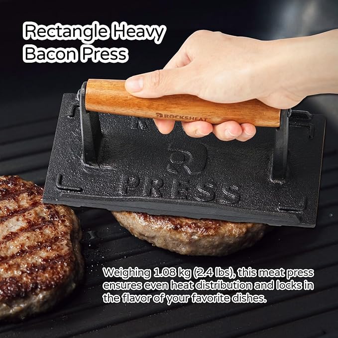 Cast Iron Square Burger Press with Wooden Handle - 8x4 Inch Heavy Duty Patty Maker for Perfectly Shaped Burgers, Steak Patties, and More