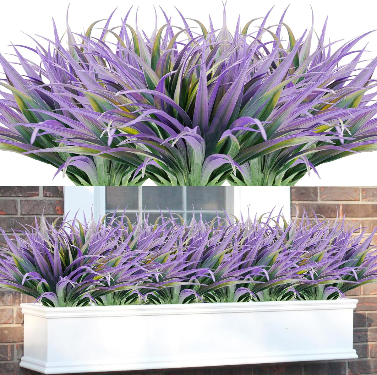 16Pcs Artificial Grass Fake Plants 17.3in Outdoor Plants UV Resistant Faux Greenery Stems Fake Grass for Home Window Garden Office Patio Pathway Front Porch Halloween Décor Green & Purple