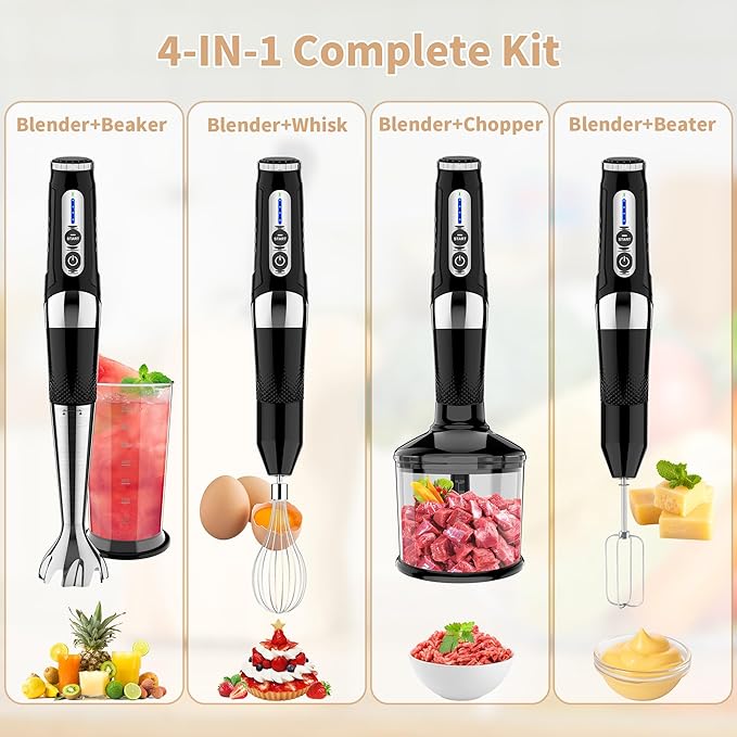 Toogel Cordless Immersion Blender, 4-in-1 Electric Hand Blender with 21-Speed & 3-Angle Adjust, USB Rechargeable, BPA-Free & Dishwasher Safe for Baby Food, Smoothies, Soup (Black)