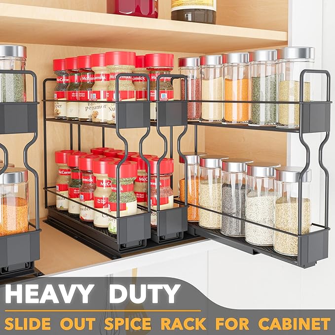 SpaceAid Pull Out Spice Rack Organizer, Heavy Duty Slide Out Seasoning Kitchen Organizer, Cabinet Organizer, with Labels, 7.7" W x10.75 D x10 H, 3 Drawers 2-Tier
