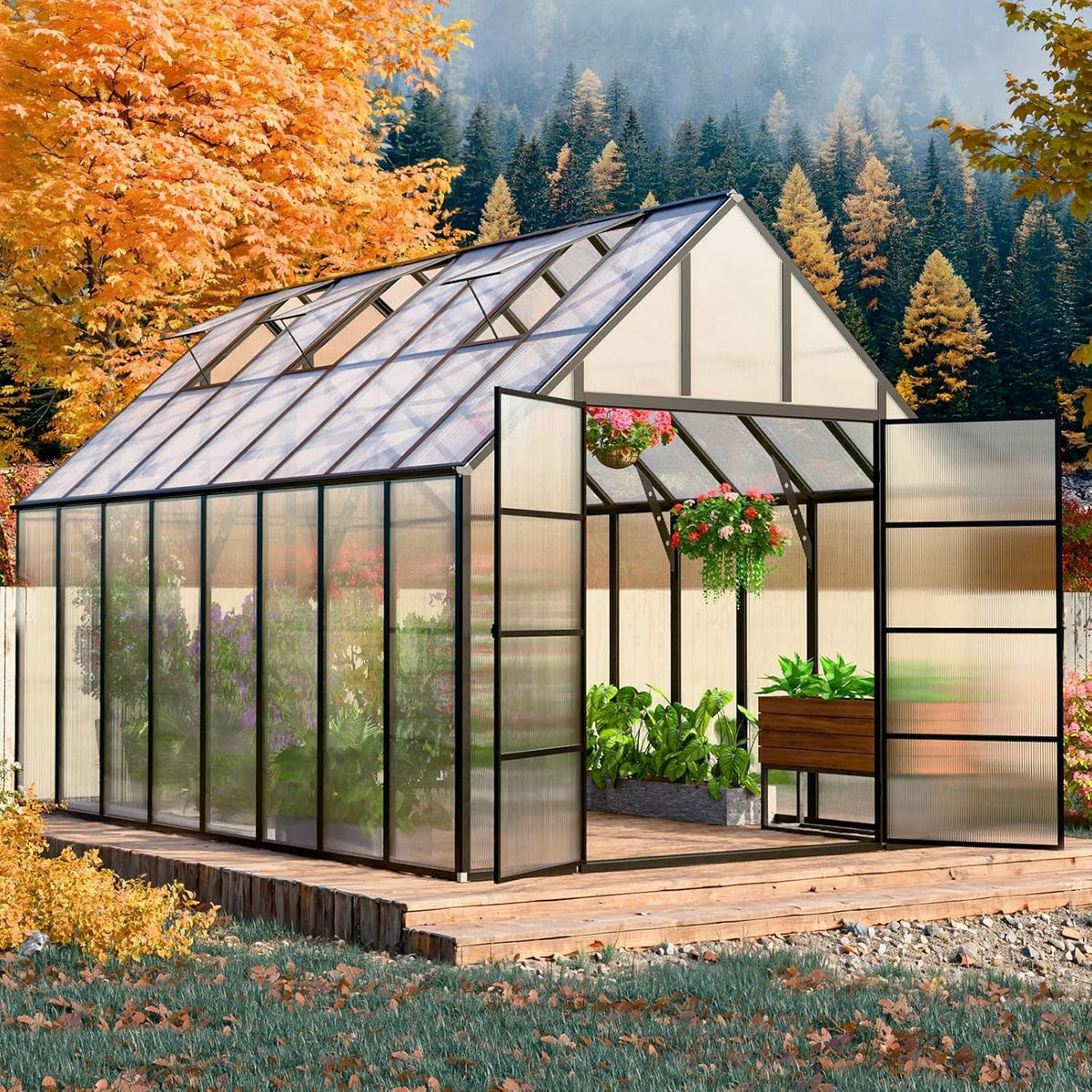 10x16 FT Greenhouse for Outdoor, Large Easy Assembly Heavy Duty Polycarbonate Panels Aluminum Frame Walk-in Green House with 3 Windows Wider Door for Garden Plants
