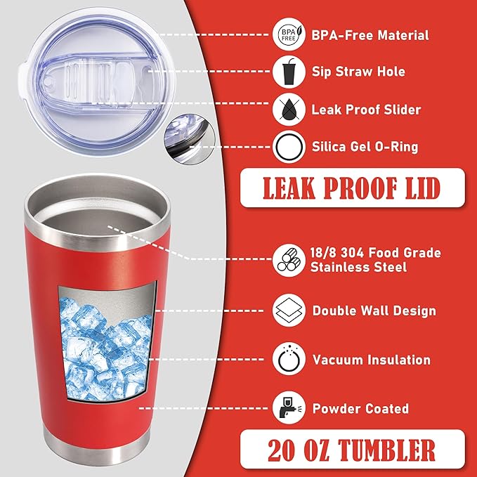 20 oz Tumbler Coffee Travel Tumblers Bulk with Lid Stainless Steel Double Wall Vacuum Insulated Mug Powder Coated Cups fit Car Cupholder for Hot and Cold - Red, 8Pack
