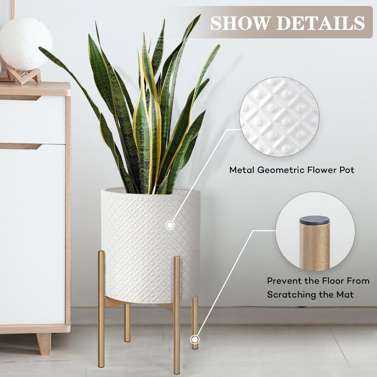 Oakrain Mid Century Planters for Indoor Plants, Metal Plant Set of 2, Modern Decorative Plant Pots for Living Room, Garden, Balcony, White Planters with Glod Plant Stands, 10 inch & 12 inch