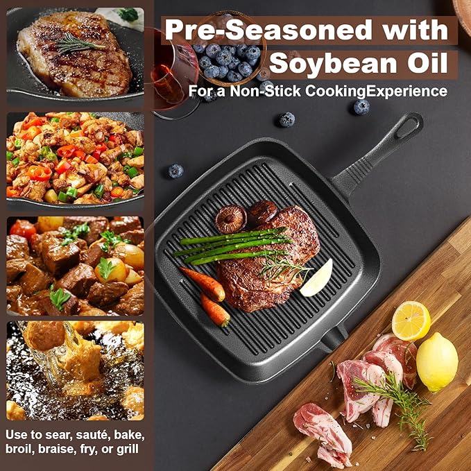 Pre-Seasoned Cast Iron skillets,4 Piece Durable Pots and Pans Set with Handle Covers for Grill, BBQ, Camping Fire, Stovetop, Kitchen and Camping Cookware