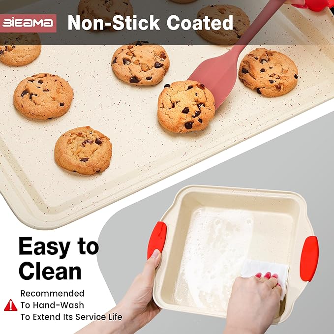 BIEAMA 13-Piece Baking Pans Sets, Nonstick Bakeware Sets, BPA-Free Carbon Steel Stackable Bakeware Set, Cream