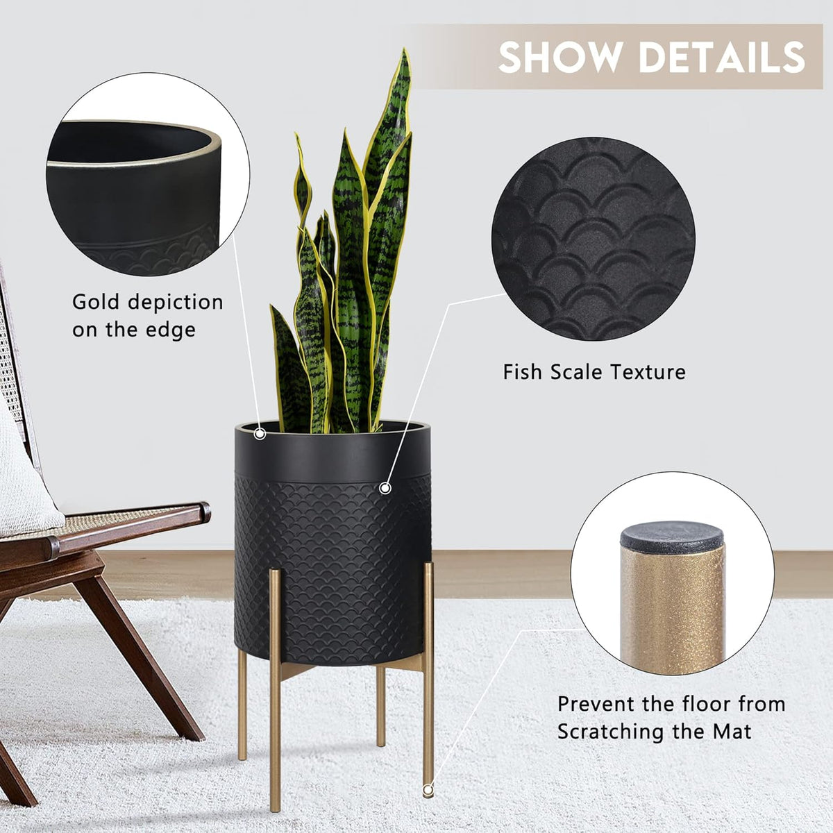 Oakrain Planters for Indoor Plants, Set of 2 Mid Century Modern Planter with Stand, Decorative Metal Planter Pots for Living Room, Office, Garden or Balcony, Black, 10"&12"