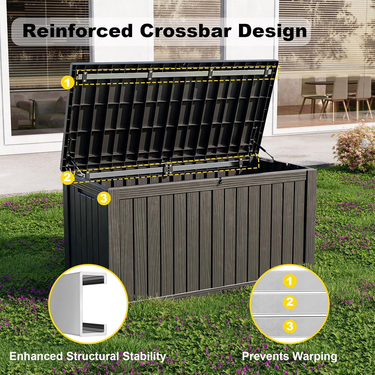 DRATO 150 Gallon Outdoor Storage Box, Large Waterproof Deck Box, Lockable Resin Storage Container with Reinforced Support for Patio Cushions, Garden Tools, UV-Resistant Outdoor Chest（Black）