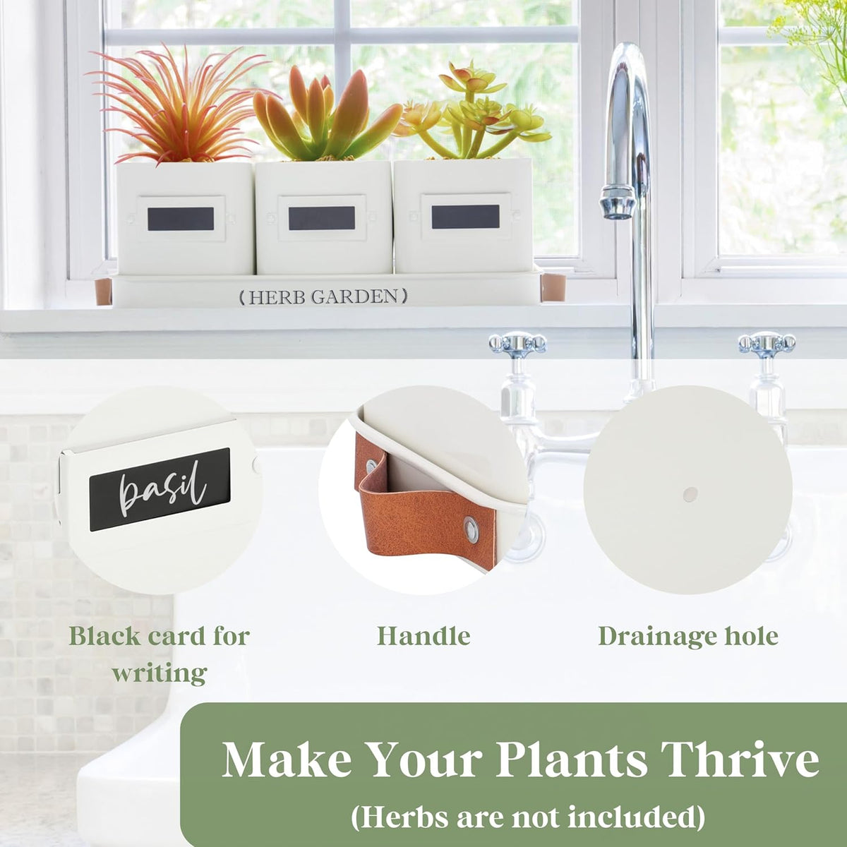 PERFNIQUE Indoor Herb Garden, Herb Planter Set with Tray, Farmhouse Indoor Plant Pots, Windowsill Herb Garden with Drainage(Planter only) for Indoor/Outdoor, Window Pots(White)