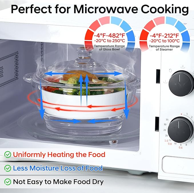 Glass Microwave Steamer for Vegetables, Broccoli, Fish & Food – Oven Safe Steamer Bowl for Cooking, BPA-Free, Odorless & Dishwasher Safe（1.5L）