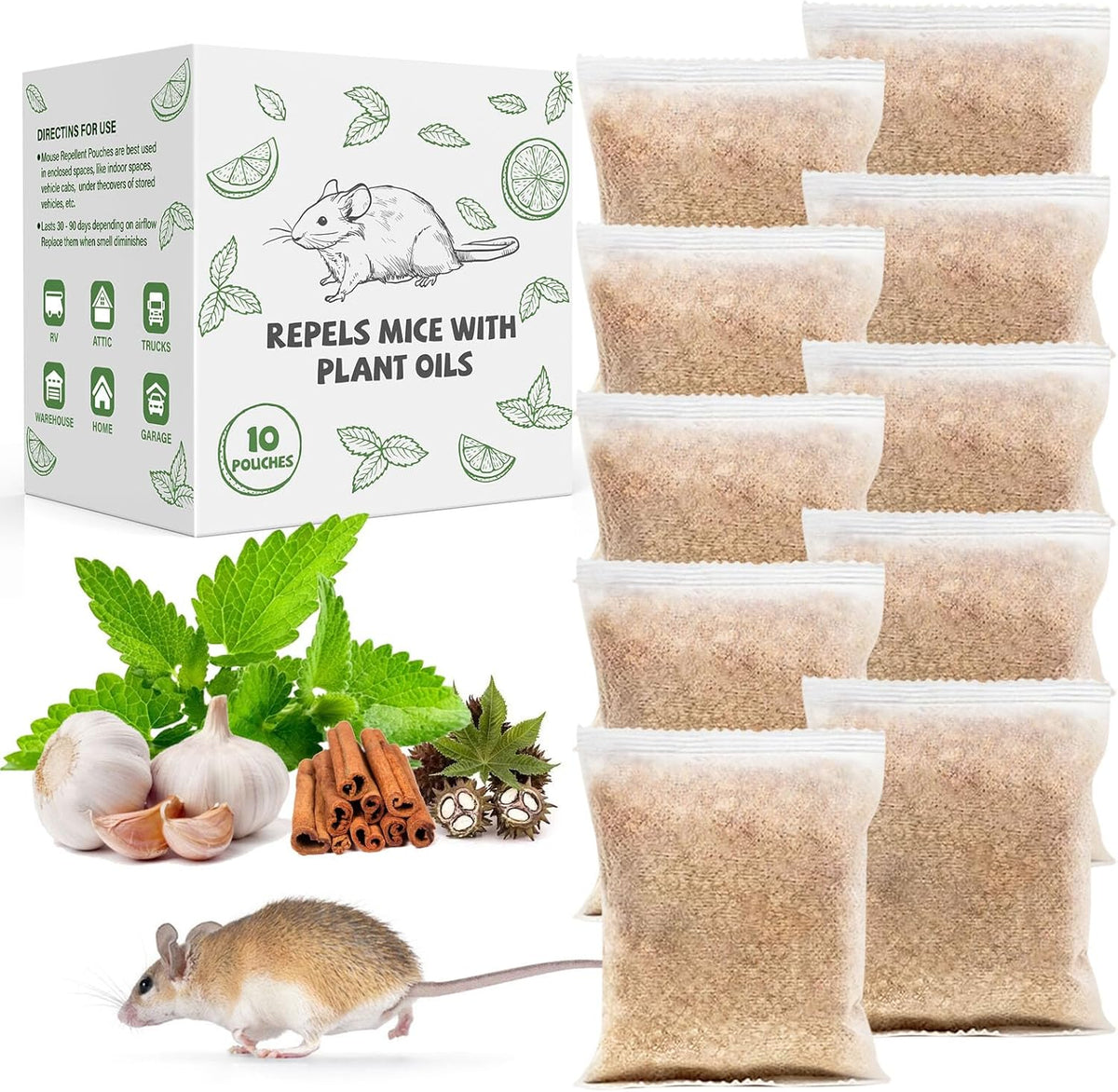Pest Repellent Pouches, 10 Pack Peppermint Oil Repellent for Mouse, Roach, Rodent, Spider, Ant, Mice, Rats, Pest Control Indoor & Outdoor, Natural Mouse Deterrent Replace Traps Family & Pet Safe