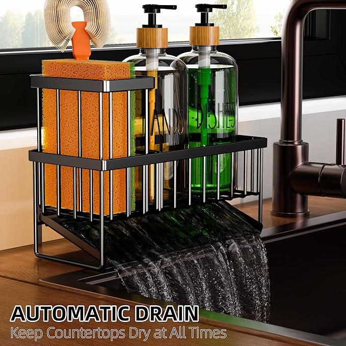 Cisily Kitchen Dish Soap Dispenser Set with Black Sponge Holder and 2 Pack 16.9oz Clear Glass, Dish Soap Dispensers for Kitchen Sink, Vintage Hand and Dish Soap Dispensers Set