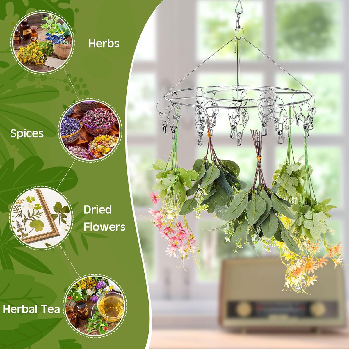 Bokon 4 Pcs Hanging Drying Rack for Herb Macrame Flower with Stainless Clip Dryer Hook for Drying Herb Air Plants Spices Flower Hydroponic Plant Ready to Use with Ceiling Hook(Round)