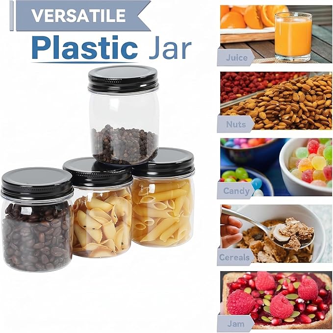 novelinks 8 oz Clear Plastic Jars with Airtight Lids, 24 Pack Plastic Mason Jars with Lids 8oz, Refillable Storage Slime Containers & Small Spice Jar for Kitchen Organization (24 Pack,Black)