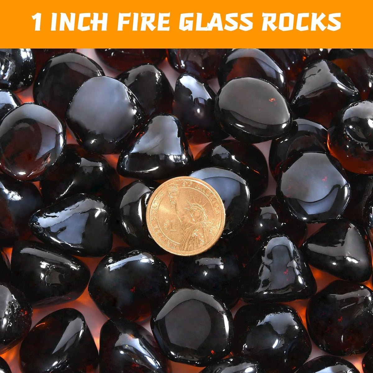 Fire Glass, Fire Pit Rocks for Propane Firepit, Fireplace and Outdoor Decorative, 10LB High Luster 1 Inch Amber Diamonds Glass Beads