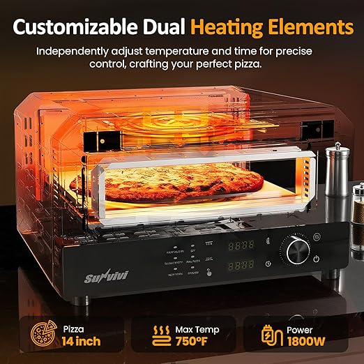 Pizza Oven Indoor Outdoor: Heats up to 750℉, Up to 12" Electric Countertop Pizza Maker with 6 Presets, Control Knob, Portable Pizza Cooker Warmer for Home, Camping, Pizza Stone, Pizza Peel