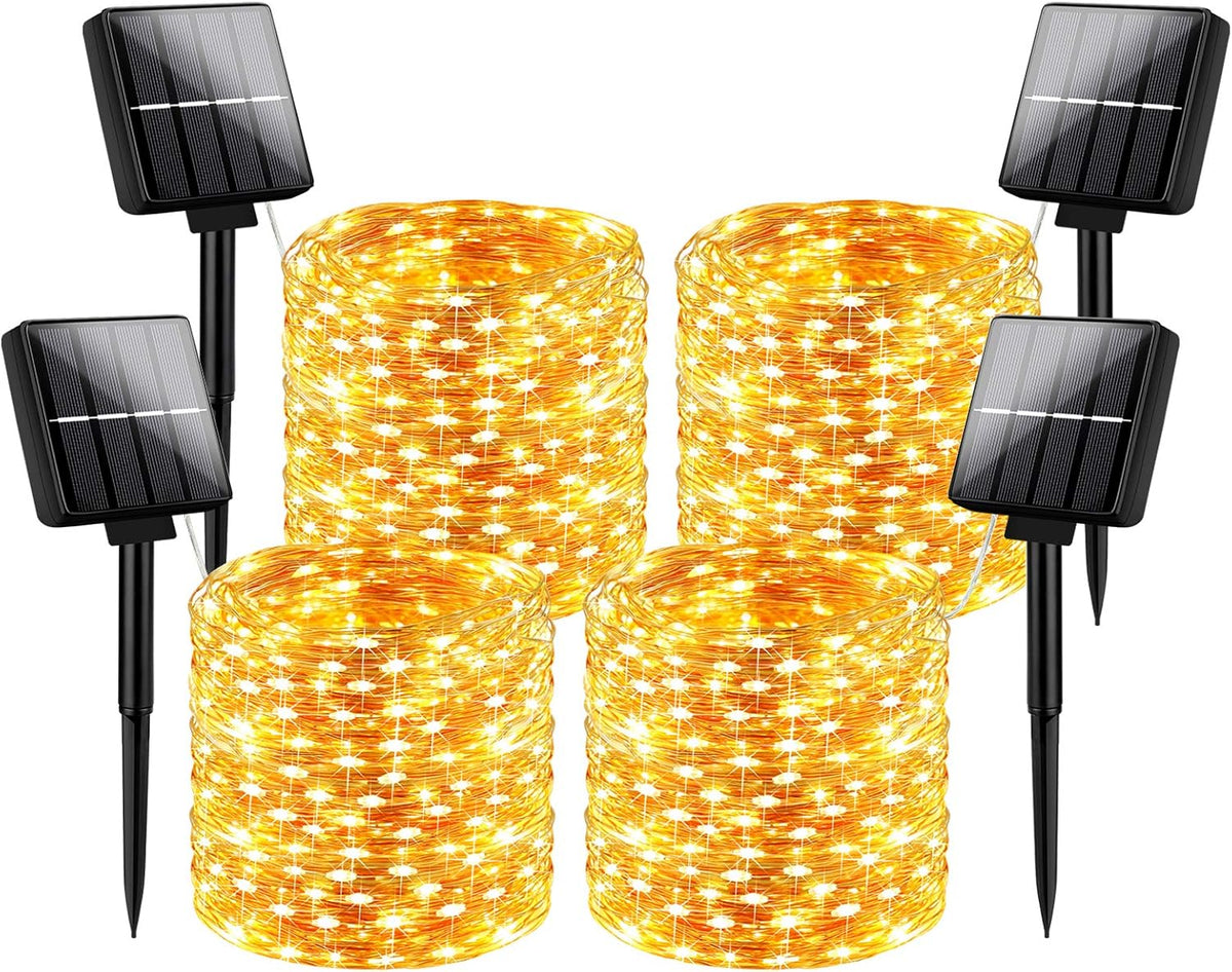 Outdoor Solar String Lights Waterproof 288Ft, 4-Pack Each 72FT 200 LED Solar Powered Fairy Lights with 8 Lighting Modes, Copper Wire Lights for Patio, Garden, Party, Wedding (Warm White)