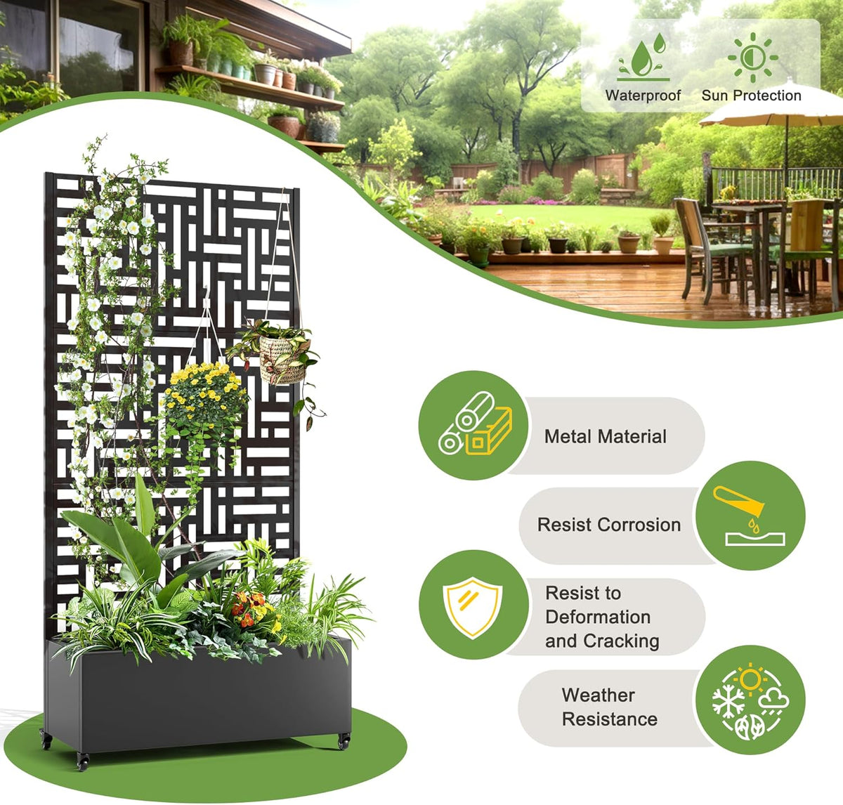 FENCY Metal Raised Garden Bed with Wheels and Trellis,73"x35"x16" Planter Box for Climbing Plants, Vegetables & Vines, Features Privacy Screen and Drainage Holes (Black-Geometric Lattice)
