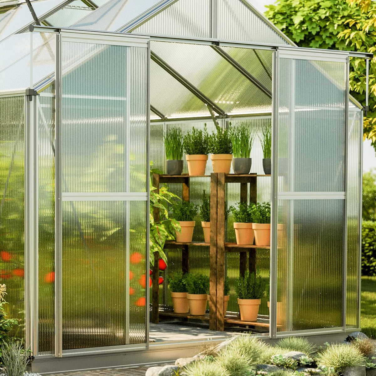 Greenhouse Topas 6 Aluminum Frame 7.4 x 12.6 ft Approx. 6 mm Polycarbonate Panels - with Bonus Base Frame and Automatic Vent Opener