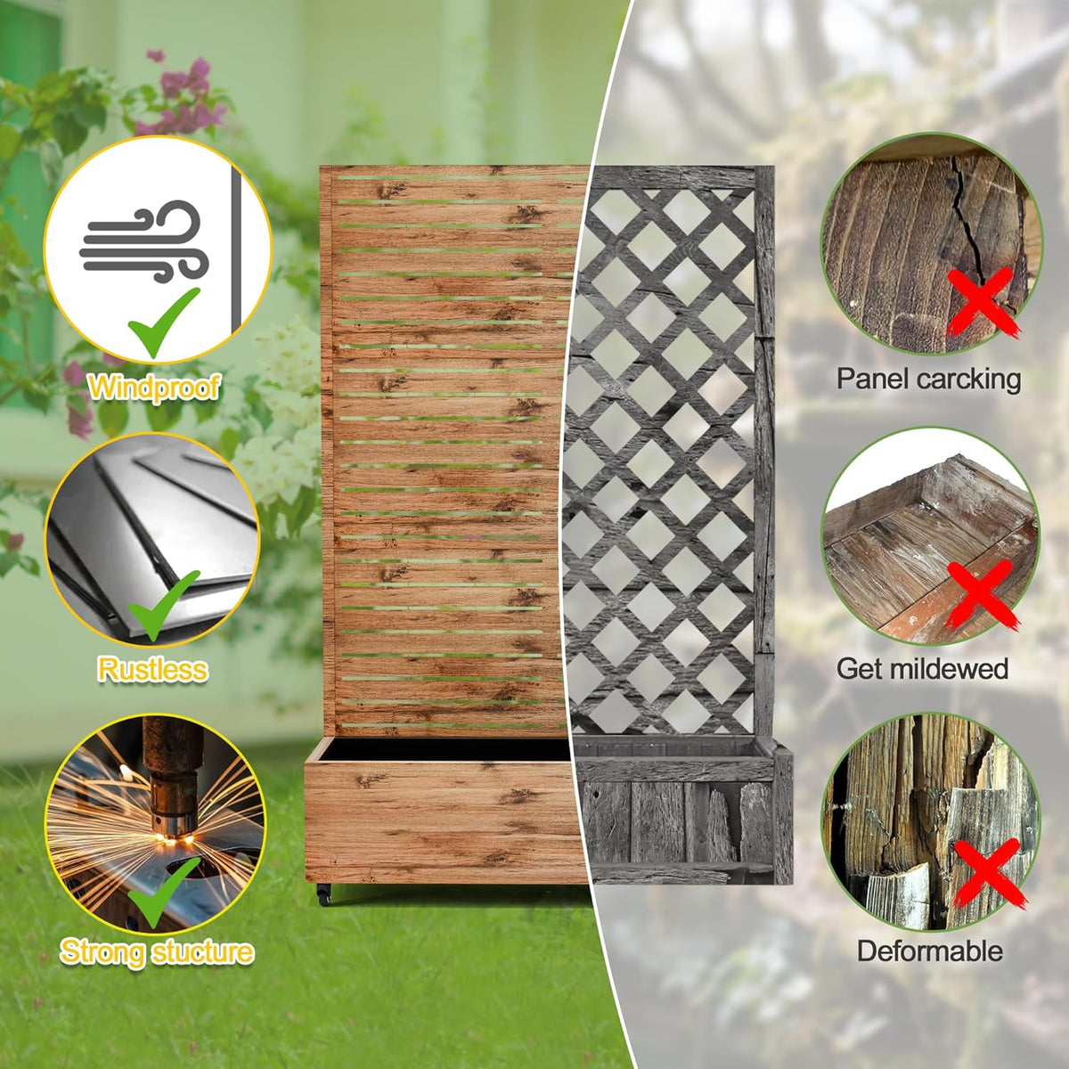 FENCY Metal Raised Garden Bed with Wheels and Trellis,73"x47"x16" Planter Box for Climbing Plants, Vegetables & Vines, Features Privacy Screen and Drainage Holes (Wood Color)