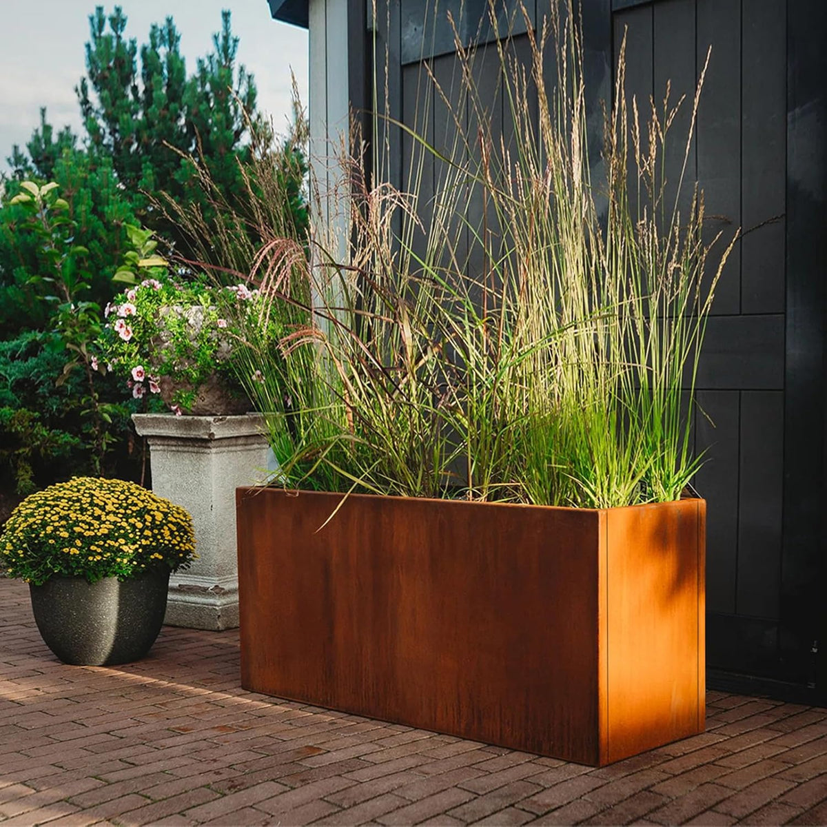 Corten Steel Corner Metal Planter Box Garden Steel Planter Pot for Patio Modern Farmhouse Rustic Design (L32 x W12 x D16, Rusted)