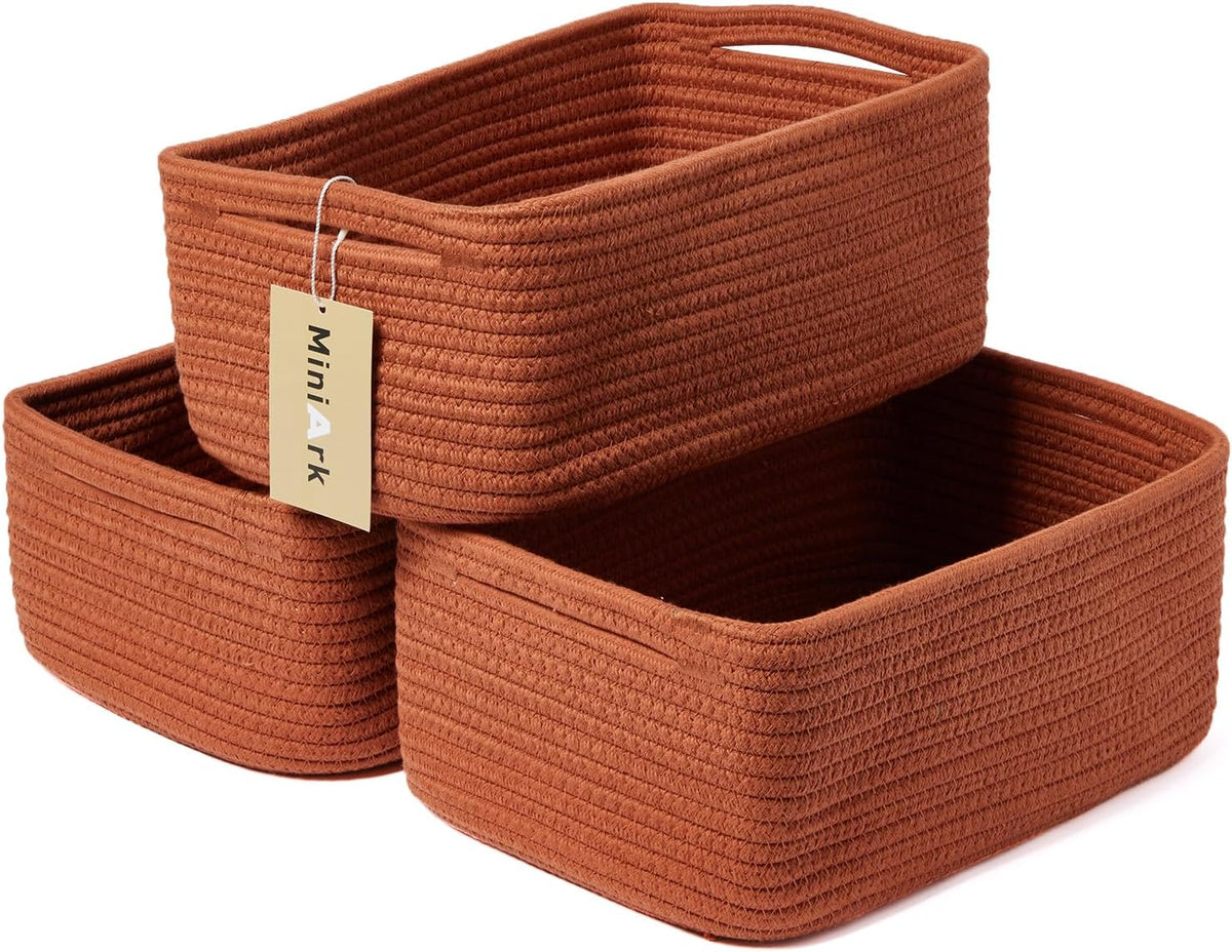 Small Storage Baskets for Organizing | Closet Organizer Bins | Shelf Toy Basket | Woven Rope Baskets | Cube Decorative Box | Shallow Basket | 13x8.5x5.1” | 3 Packs Oxide Red