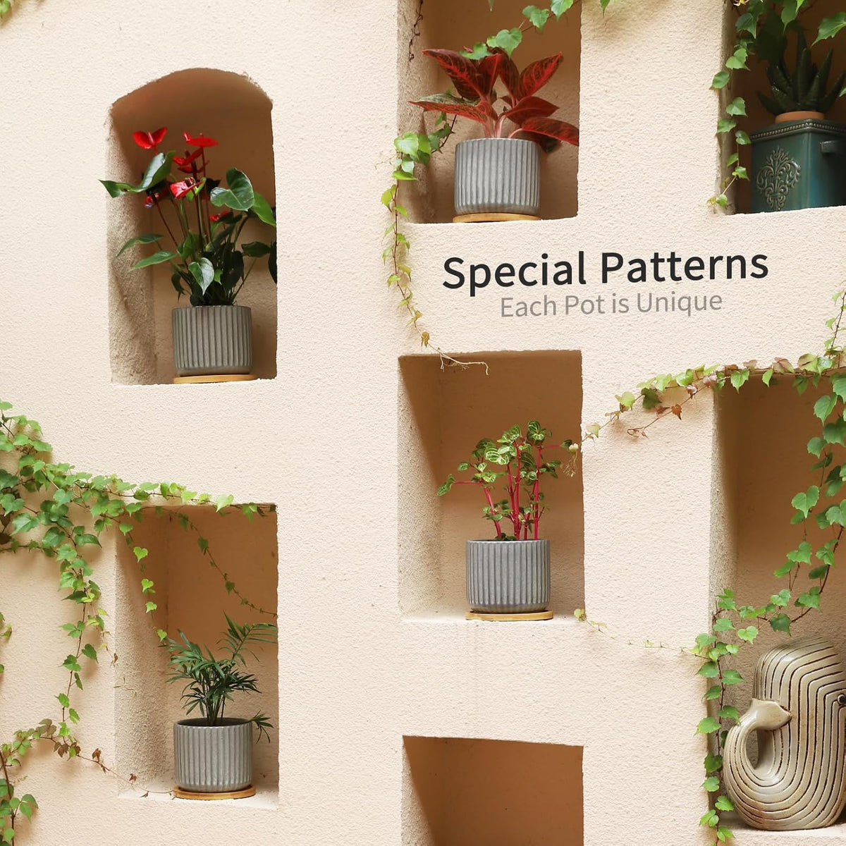 TAMAYKIM 5.25 Inch Ceramic Plant Pots with Drainage Holes and Saucers, Modern Flower Pots with Trays for Indoor Planters, Snake Plant, Succulent, Cactus and Herbs, Set of 4