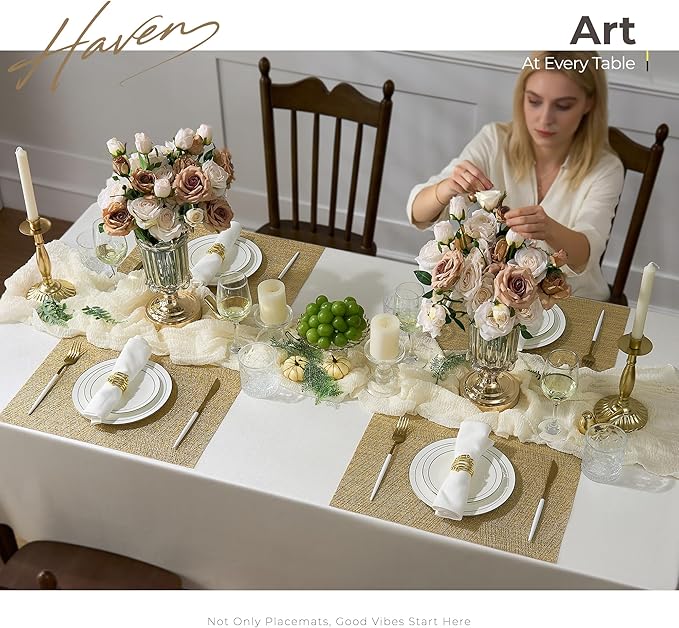 Leetaltree Gold Placemats Set of 12 - Heat Resistant Non-Slip Place mats for Dining Table, Washable Durable PVC Vinyl Woven Table Mats(Luxury Gold, 12)