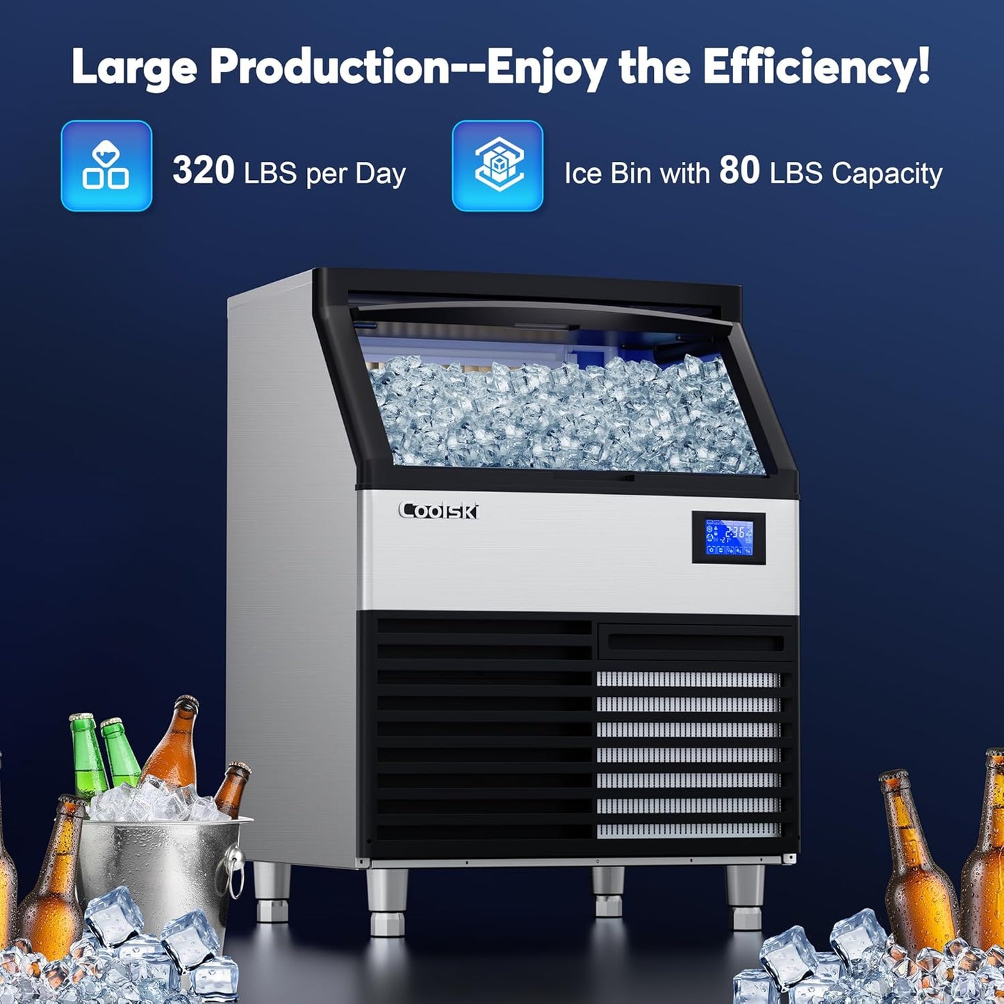 Commercial Ice Maker Machine 320LBS/24H, 26’’ Under Counter Ice Machine with SECOP Compressor/80LBS Storage Bin/Self Cleaning, Freestanding Ice Maker for Restaurants/Bars, ETL Approved